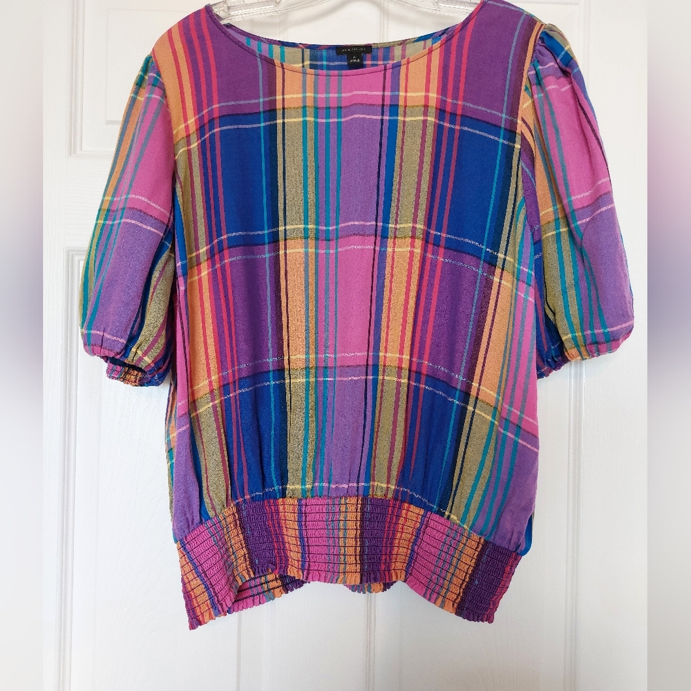 SOLDAnn Taylor Womans SZ XL Cinch Bottom Waiste Pastel Plaid Cinch Sleeve Blouse
